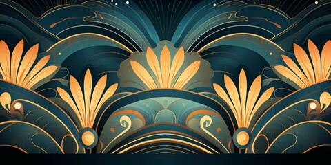 Flower pattern digital artwork in the style of art deco, geometric shapes, dark turquoise and light orange, colorful curvs, depictions of theater