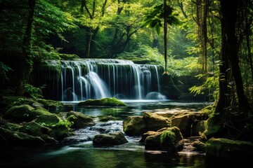 Obraz premium A captivating small waterfall gracefully enhances the breathtaking beauty of a dense forest, A tranquil waterfall flowing through a lush, summertime forest, AI Generated
