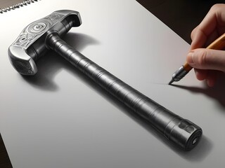 Artist’s Hand Drawing Detailed Realistic Hammer on White Paper