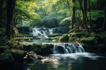 Fototapeta na wymiar A breathtaking waterfall flows gracefully in the heart of a verdant forest, creating a scenic and serene oasis, A tranquil waterfall flowing through a lush, summertime forest, AI Generated