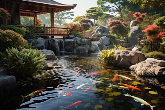 An exquisite painting depicting a serene Japanese garden filled with vibrant koi fish swimming gracefully, A tranquil zen garden with koi pond and rock formations, AI Generated