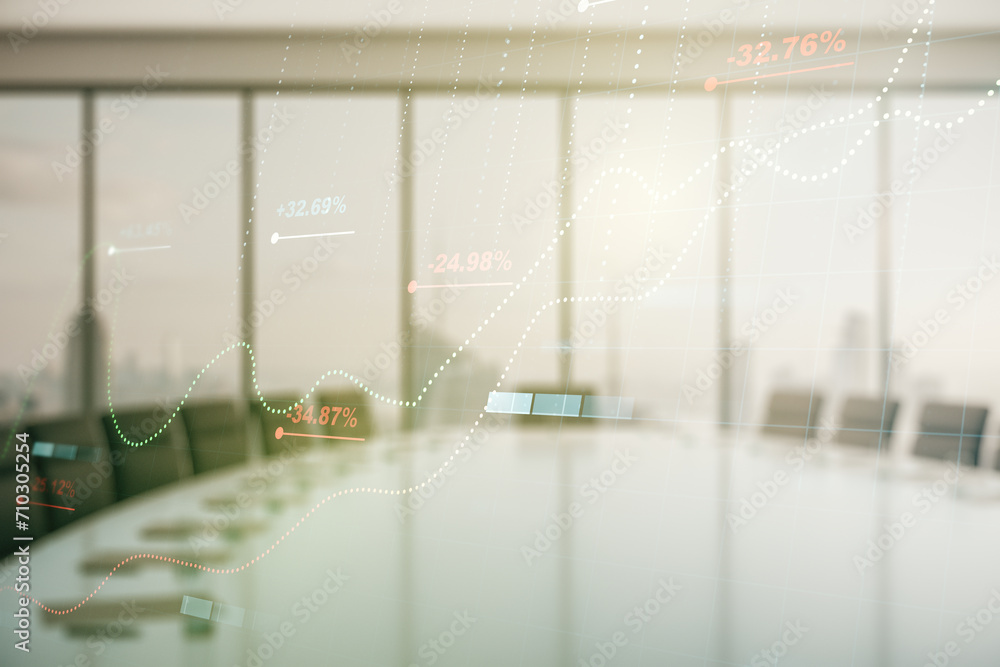 Poster multi exposure of abstract virtual graphic data spreadsheet sketch on a modern furnished classroom b
