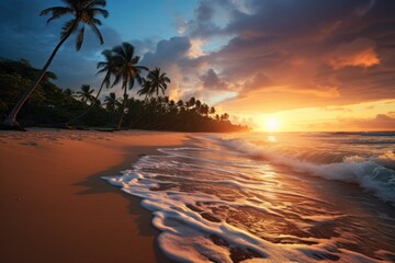 Idyllic Sunset on a Tropical Beach With Palm Trees, A tropical beach at sunset with palms casting long shadows, AI Generated