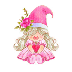 Gnome with valentines day costume is embracing heart . Watercolor painting design . PNG .
