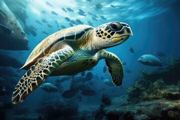A magnificent green sea turtle gracefully glides through the vibrant blue waters of the ocean, A turtle swimming amongst a school of fish near a shipwreck, AI Generated