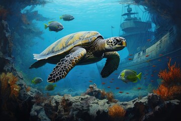 Fototapeta na wymiar Vibrant and realistic painting capturing the grace and beauty of a turtle swimming in the ocean, A turtle swimming amongst a school of fish near a shipwreck, AI Generated