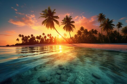 Tropical Beach With Palm Trees at Sunset, Idyllic Scenery in a Picture-Perfect Setting, A tropical island with crystal clear waters and palm trees at sunrise, AI Generated