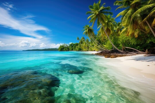 A picture of a tranquil tropical beach with swaying palm trees and sparkling clear water, A tropical paradise with a palm-lined beach and clear turquoise water, AI Generated