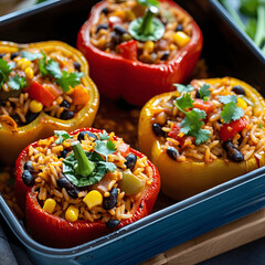 Prompt Mexican Stuffed Bell Peppers, with rice and beans, colorful and hearty, in a baking dish,...
