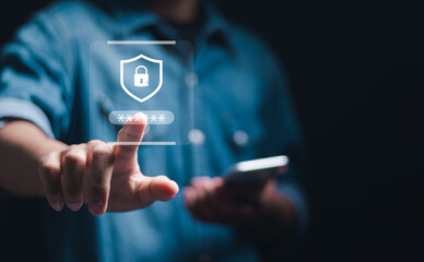 Cyber security network and access data concept. Businessman using mobile smartphone with virtual cyber security icon for access security personal data.