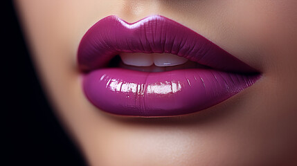 Lips with purple violet color lipstick. lipgloss drops on sexy lips, bright lipstick on beautiful model girl's mouth. Lipstick. Make-up. Beauty face makeup, close up, party disco concept Valentine day