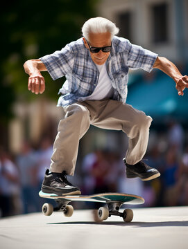 senior skateboarder jumping on a skateboard