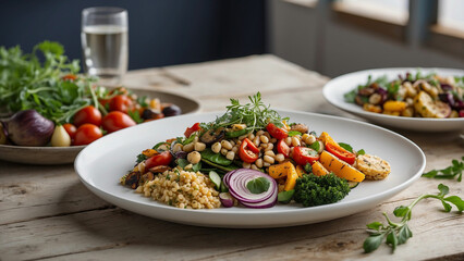 a mouthwatering visual narrative by photographing a veg food plate on a rustic white wooden table in a restaurant