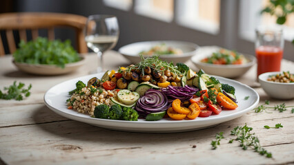 a mouthwatering visual narrative by photographing a veg food plate on a rustic white wooden table in a restaurant