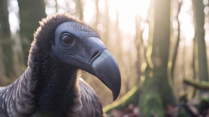 A vulture with a long, thick, shiny black beak and a rounded beak is seen in a portrait shot in a forest.