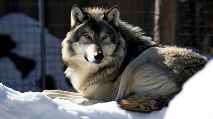 A portrait of a wolf, known as a lobo, is seen laying in the snow.