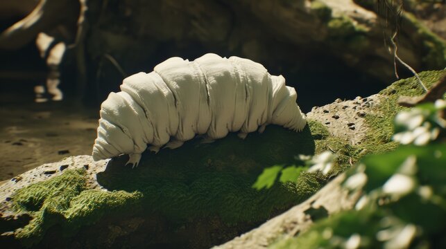 A detailed cinematic statue of a colossal, fluffy tardigrade is seen in the forest.