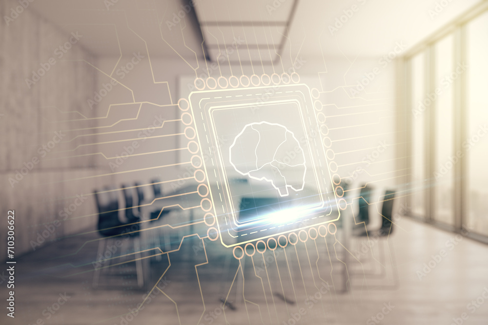 Poster double exposure of creative human brain microcircuit hologram on a modern boardroom background. futu