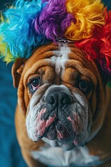 Funny bulldog in clown wig on blue background. April Fools' Day celebration.