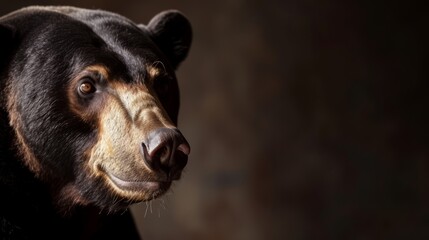 A portrait shot of a black bear's face is seen. - obrazy, fototapety, plakaty