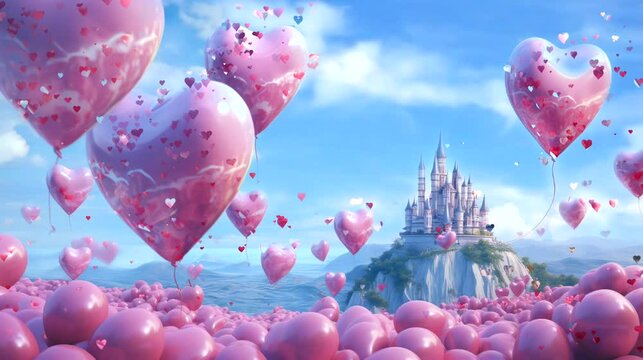 A whimsical illustration featuring a castle surrounded by floating pink balloons. Perfect for children's book covers, greeting cards, and fantasy-themed designs.