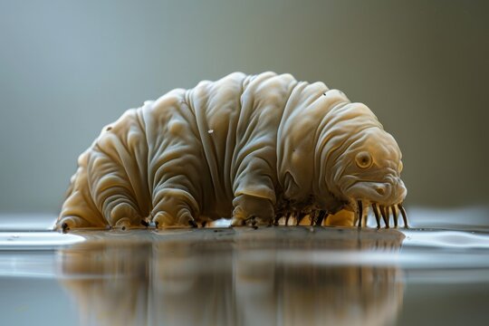 A giant tardigrade, also known as a water bear, is seen on a table.