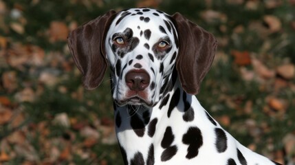 A dalmatian dog, white with chocolate brown spots, is seen in a closeup photo with leaves in the background.