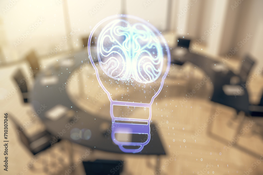 Poster abstract virtual creative light bulb with human brain hologram on a modern boardroom background, art