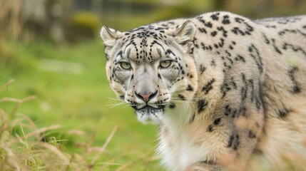 Obraz premium A snow leopard with a hard predatory look and a white muzzle, showcasing amazing beauty, is seen in a field.