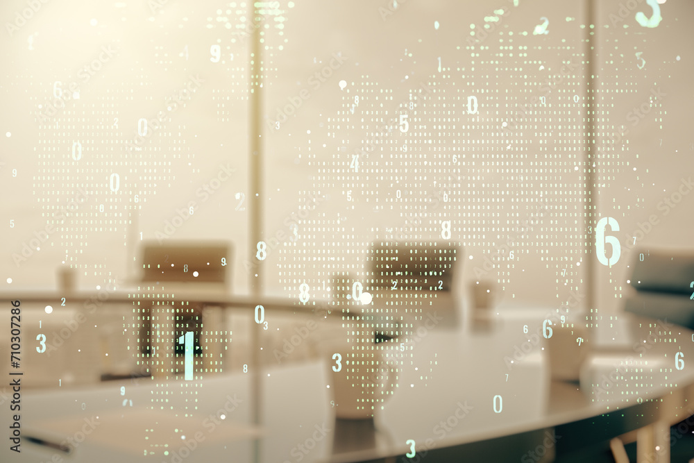 Fototapete double exposure of abstract programming language hologram and world map on a modern meeting room bac