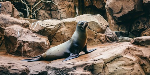 Obraz premium A sea lion, doing an elegant pose with a proud look, is seen sitting on top of a rock in a group photo taken in a zoo.