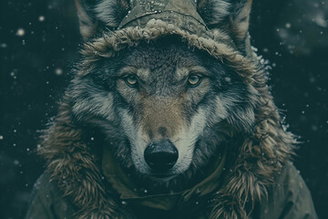 A closeup shot of a wolf wearing human clothes - Generative AI