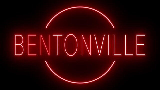 Flickering red retro style neon sign glowing against a black background for BENTONVILLE