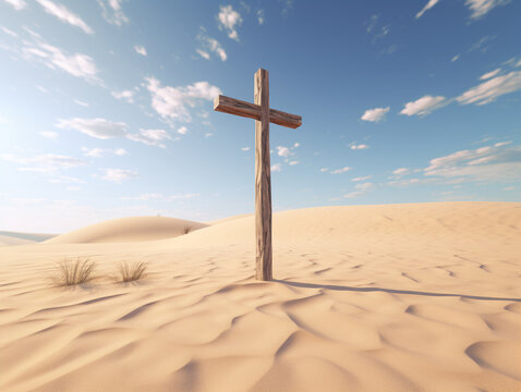 A wooden cross stands amid undulating desert dunes under a partly cloudy sky. Catholic easter concept copy space banner for church.