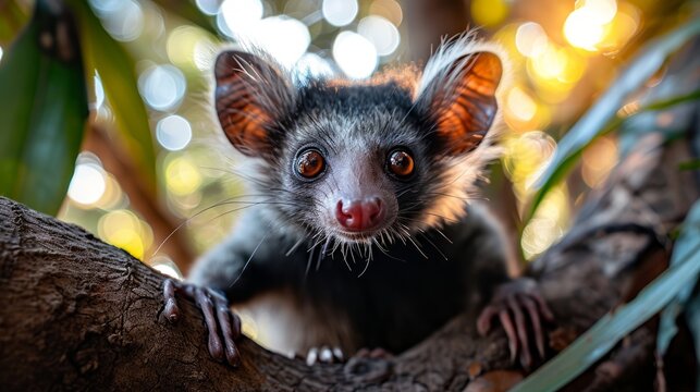 A Small Animal With Glowing Red Eyes Is Seen On A Tree Branch In A Closeup Portrait Shot.