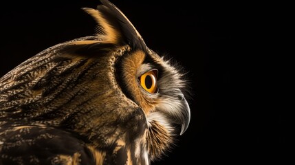 The head of an owl, known as the wisest of all owls with glowing feathers, is seen in a closeup portrait shot on a black background.