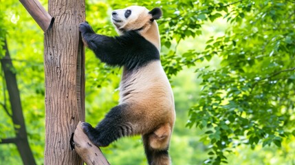 A cute giant panda is seen climbing up the side of a tree. - obrazy, fototapety, plakaty