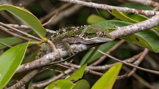 A gecko is seen sitting on top of a tree branch in a closeup photo.