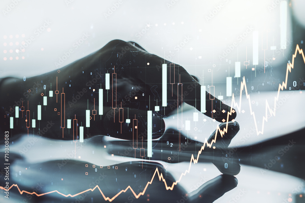 Poster multi exposure of abstract financial diagram and hand working with a digital tablet on background, b