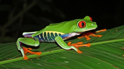 Obraz premium A beautiful frog is seen on a leaf in a closeup photo.