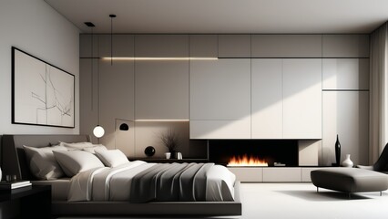 Modern Elegant Bedroom Interior with Neutral Tones, Cozy Bedding, Built-in Fireplace, and Artistic 