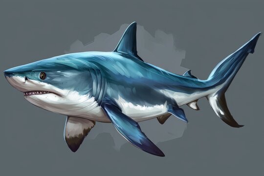 A megalodon shark is seen on a gray background in a sharp digital painting.