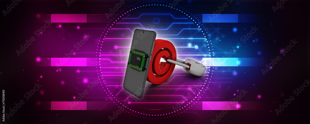 Poster 3d rendering microchips with mobile phone near copyright lock