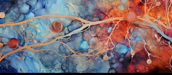 Immunohistochemically stained ventricular ependyma reveals subependymal astrocytes and ependymal cells. - obrazy, fototapety, plakaty