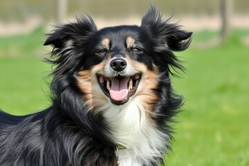A happy dog with a goofy smile is seen standing in the grass, enjoying the wind. - obrazy, fototapety, plakaty