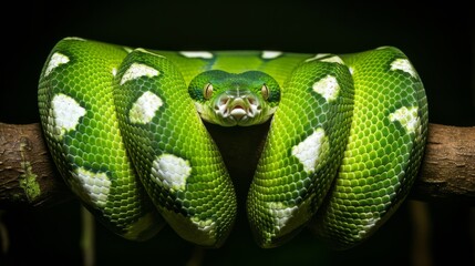 Fototapeta premium A green snake with green skin and scales is seen on a branch in a closeup portrait shot.