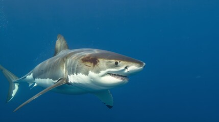 Fototapeta premium A great white shark with a white muzzle is seen swimming in the ocean in a sharp, high-quality photo.