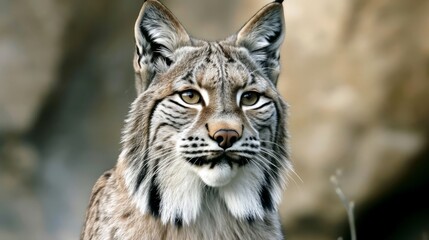 Obraz premium A lynx with a hard predatory look is seen in a close portrait.