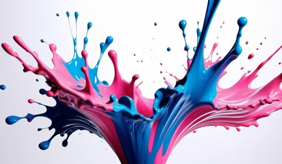Vibrant Splash of Pink and Blue Paints Colliding Mid-Air Creating an Artistic Abstract Effect on a White Background