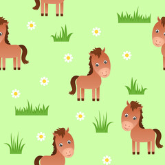 Cute horse on green meadow. Seamless pattern with little cartoon brown foal, grass and flowers. Vector illustration of funny animal. Children's style.